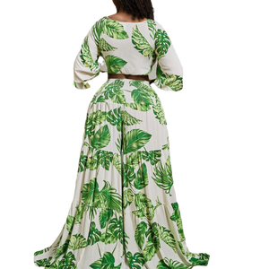 Ensemble 2 pièces tendance : Crop top extensible grande taille et pantalon plissé à imprimé feuilles à jambes larges - Product Image 5