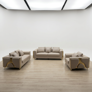 Juego de Sofás Seccionales de Cuero Genuino de Diseño Europeo Moderno con Detalles Metálicos Dorados y Respaldo Acolchado para Sala de Estar - Product Image 2