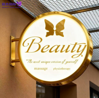 Enseigne lumineuse LED ronde personnalisée étanche IP65, à fixation murale circulaire, cadre doré, éclairée pour l'extérieur, pour devanture de boutique ou salon