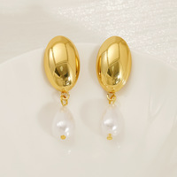 Boucles d'oreilles en forme de goutte d'eau effet perle, acier inoxydable 304, plaqué or 18 carats, ovales lisses, perles blanches pendantes, 39 x 12 mm, pour femmes