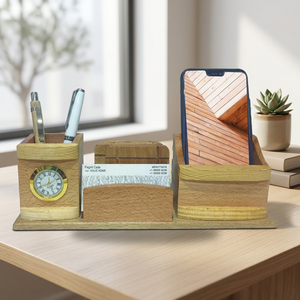 wooden <b>desk</b> organizer Office gift with clock Phone <b>stand</b> pen holder Wooden <b>desk</b> organizer gift - Product Image 4