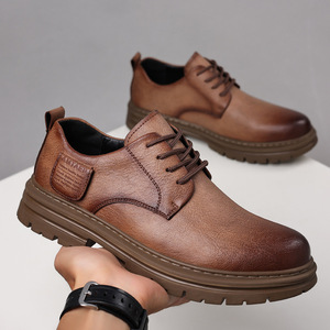 Men's Brown <b>Leather</b> Chunky Shoes Lace-Up Casual <b>Work</b> <b>Boots</b> Solid Color Low-Top Retro Style - Product Image 1