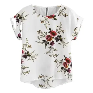 Chemisier d'été à imprimé floral Pullover Ladies O-Neck Tee Tops Female Women's Short Sleeve Shirt