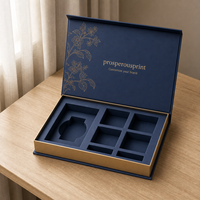 Boîte cadeau rigide magnétique bleu marine personnalisée, 6 compartiments, insert personnalisé, logo à motif floral en feuille d'or