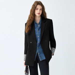Women's Mid-Length Blazer Black Solid Color Polyester Anti-Wrinkle Suit Jacket For Office Wear - Product Image 1