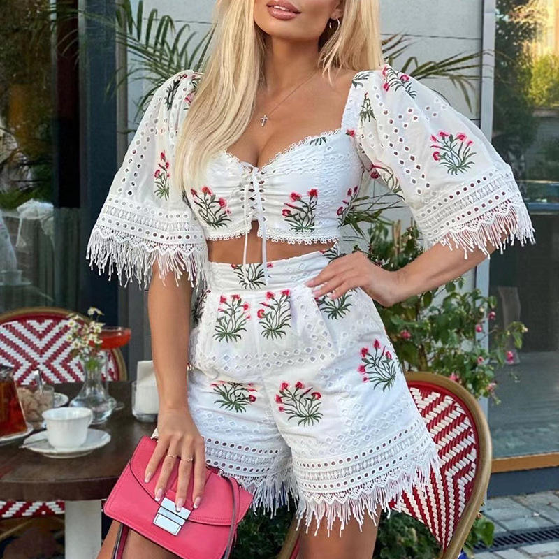 2023 French Court Style Printed Lace Top High Waist Shorts