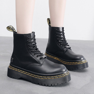 Kalın Soled 8-hole kısa çizmeler kadınlar yüksek üst hakiki deri çift sarı çizgiler öğrenci orta topuk yuvarlak ayak erkekler kısa çizmeler - Product Image 3