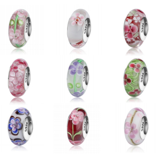 European Jewelry Making 925 Sterling Silver Flower Murano Glass Charms Beads For Bracelet