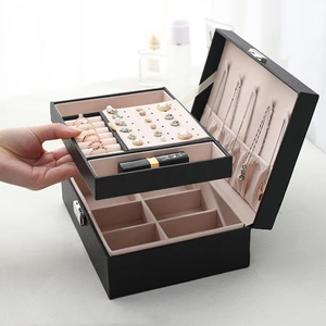 Black PU Leather 2-Layer Jewelry <b>Box</b> With Lock Large Capacity Organizer <b>For</b> <b>Rings</b>, Earrings Necklaces And Bracelets - Product Image 1