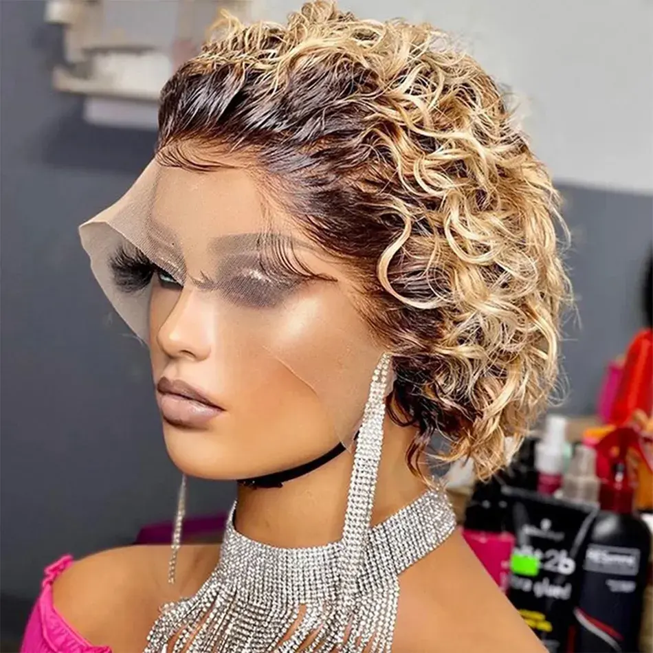 Wig potongan Pixie pendek ikal grosir rambut manusia Brasil 100% untuk wanita hitam Wig renda mesin penuh potongan Pixie pendek