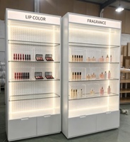 Étagère de présentation cosmétique éclairée blanche et dorée avec éclairage encastré, étagère en verre, armoire verrouillable CE ETL
