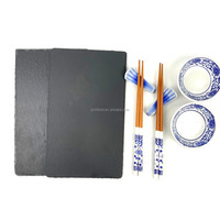 Assiette rectangulaire en pierre, ardoise, aliments, pâtes, Steak, Barbecue Simple, Dessert, sauce en bambou avec baguettes