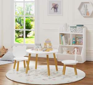 Modern Kids Wood Table Chair Set 3-Piece Round Play Table with 2 Chairs for Toddlers Girls Boys <strong>White</strong> - Product Image 3
