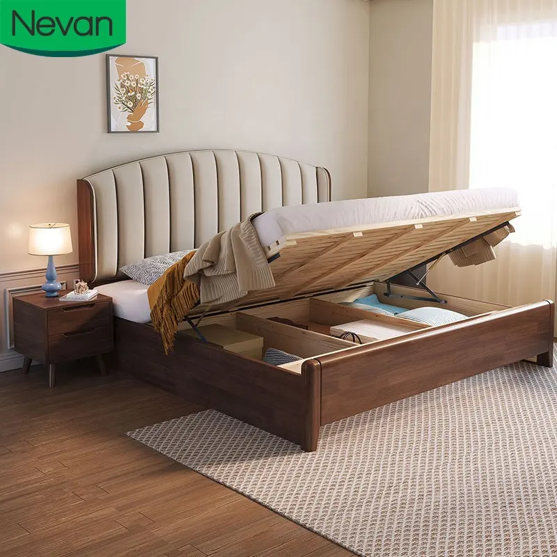 Desain Eropa alami kualitas baik furnitur kamar tidur putih set tempat tidur kotak tempat tidur kayu dengan laci penyimpanan