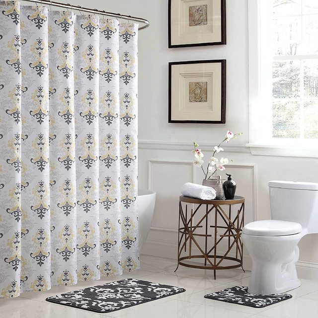 15 PCS Microfiber Bathroom Shower Curtains and Bath Mat Set 12 Roller Rings Non-Slip Bath Rug Contour Mat with 12 Roller Rings