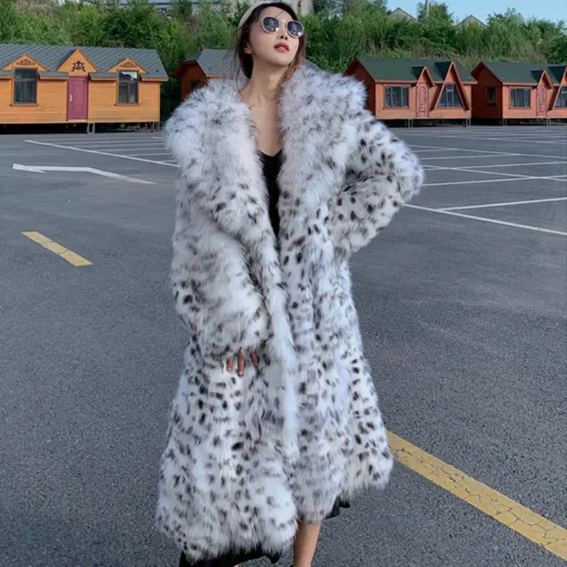 2021 Faux Fur Coat Women's Mid-Length Fur Coat Young Black and White Leopard Print Over the Knee Fashion Loose Ladies' Long Coat