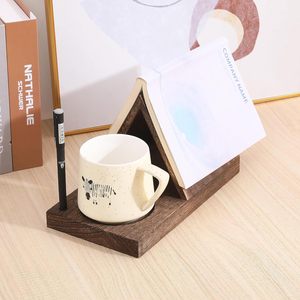 Solid Wood Triangular Bookshelf Desk Organizer Multifunctional Storage <b>Rack</b> For Office Desktop Reading <b>Shelf</b> With Cup Holder - Product Image 3