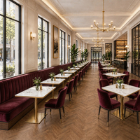 Chaises de salle à manger rembourrées en velours bordeaux, ensemble table en marbre, banquette sur piédestal doré, mobilier de restaurant personnalisable, vente en gros
