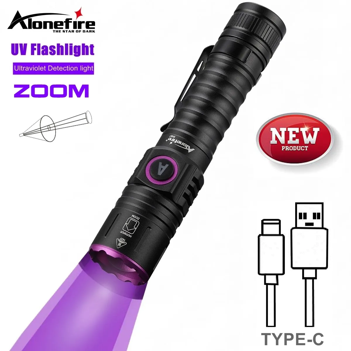 Zoom 365/395nm High Bright UV Flashlight USB Charging Torch Pet Urine Cat Tinea Marker Money Ore Scorpion Leakage Detection Lamp