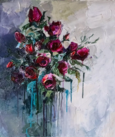 Peinture à l'huile sur toile peinte à la main, sur mesure, grande taille, rouge et bleu, texture épaisse, couteau à palette, rose abstraite pour décoration de bureau