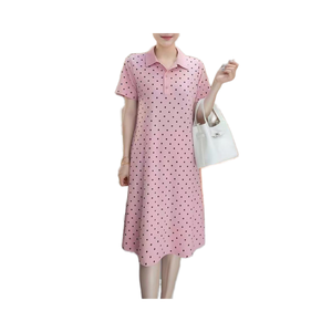 Cómodo vestido de verano de lunares para mujer, informal, hasta la rodilla, cuello Polo con logotipo frontal, patrón sólido, aberturas de moda, suministro ODM - Product Image 4