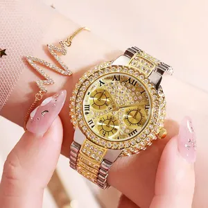 Montre-bracelet en or glacé pour femmes, ensemble cadeau, logo personnalisé, luxe, diamant, moissanite, acier