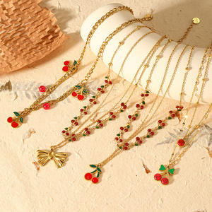 可爱樱桃吊坠项链时尚不锈钢双层链批发N2011162 - Product Image 1
