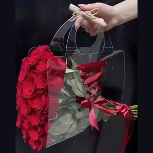 Custom Pvc Plástico Transparente Flor Sacolas De Presente De Casamento Embalagem Sacos De Compras com Alças para Buquê