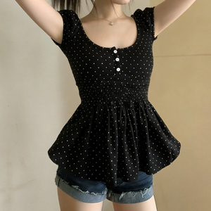 Blusa de lunares Y2K para mujer al por mayor, estilo coreano dulce con cuello de muñeca y manga abullonada, ideal para el verano. - Product Image 4