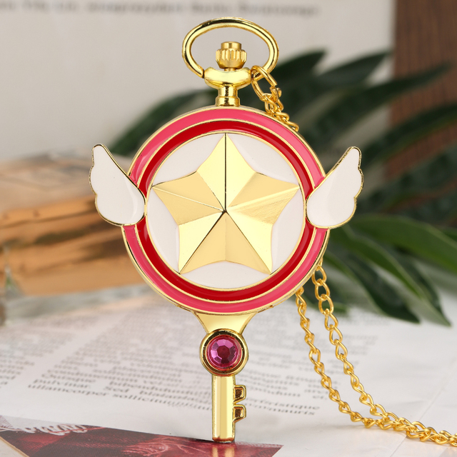Japan Anime Cosplay Cardcaptor Sakura Key Shaped Clock Necklace Chain Pendant Quartz Pocket Watch for Girls