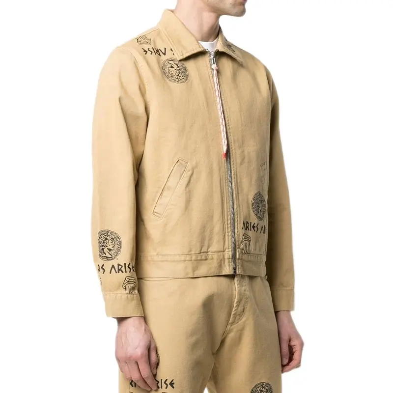 Custom OEM 100% cotton khaki all over cropped print zipper canvas jean denim jacket for men