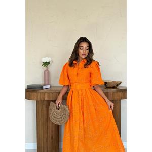 Robe plissée orange à manches ballon, élégante et décontractée, pour femme, style ODM, longueur genou, avec fermeture éclair et volants, pour le quotidien, taille XS - Product Image 3