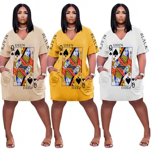 Wholesale Plus Size Women Casual Summer Dress Queen of Spades Playing Card Print Loose Plus Size Women Dress