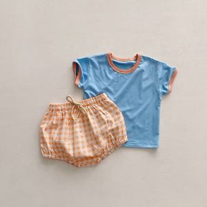 New Style Summer Baby Clothing Sets Male and Female Foreign Style Plaidsuit with Contrast Colors for <strong>Kids</strong> - Product Image 5