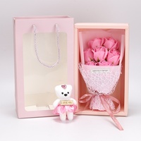 Bouquet de 7 roses artificielles en savon, style naturel, fait main en usine, avec ours en peluche, coffret cadeau pour la Saint-Valentin et la Fête des Mères