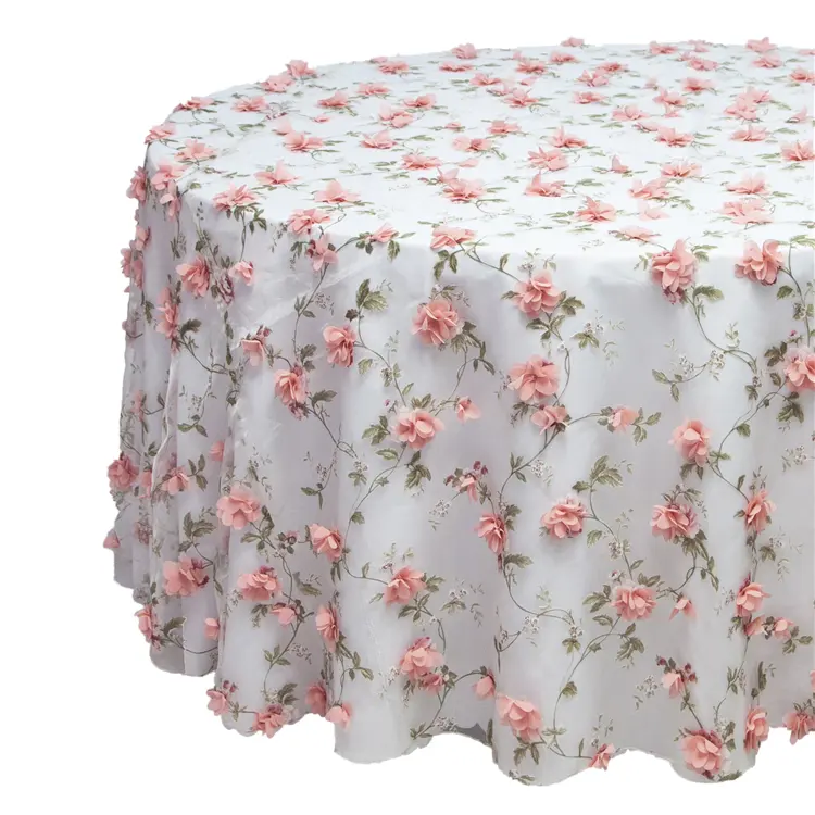 Wholesale Premium Customized Round Pink Flower Printed Organza Table Cloth Wedding Decoration