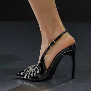 Zapatos de tacón alto de satén con diamantes de imitación y flecos para damas de honor, elegantes y con temperamento, color negro, colección 2025 - Product Image 5