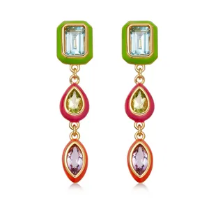 Trendy Gold-Plated Sterling Silver Jewelry Colorful Enamel Drop Marquise with White Topaz Cz Gemstone Womens Crystal Earrings