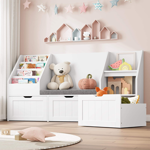 Étagère à livres pour enfants avec coin lecture, organisateur de rangement pour jouets, avec coussin et 3 tiroirs mobiles avec bancs. - Product Image 1