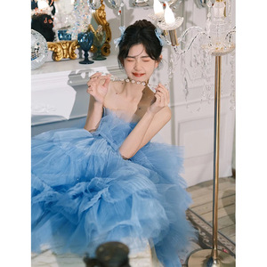 Blue Strapless Tulle Wedding Dress Princess Silhouette Sweetheart Neckline Ball Gown Style For Photography Outdoor Portrait - Product Image 3