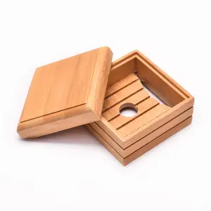 Chinese Supplier Custom Logo Natural Bamboo Soap Dish Box With Case Lid And Drain Holder