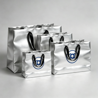 Tas Kertas Hadiah Belanja Mewah dengan Cetak Kustom, Laminasi Foil Perak Metalik, Kertas Seni, dan Pegangan Pita Grosgrain Hitam dengan Logo