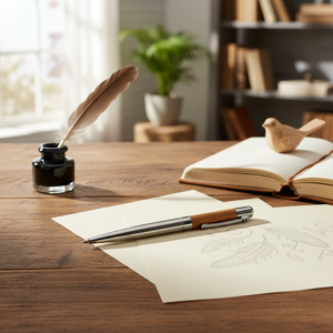 Penna a Sfera Personalizzabile Sottile con Larghezza di Scrittura 0.5mm-0.7mm in Acciaio Inox e Bambù, Stile Carino con Inclusioni di Piume e Legno - Product Image 3