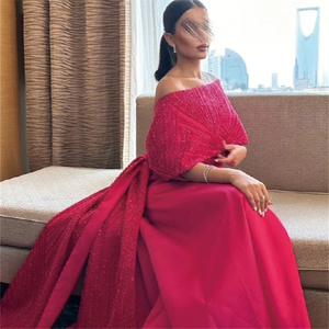 Sang Trọng Đính Cườm Fuchsia Dubai Evening Dresses Phụ Nữ Ả Rập Tắt Vai Dài Wedding Trang Phục Chính Thức Bên Dresses Sf123 - Product Image 5