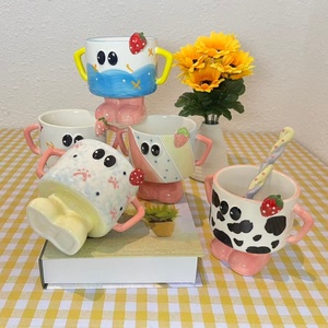 250ml <b>Ceramic</b> Icecream <b>Cup</b> 3D Mug Hand-Painted Cute Strawberry with Embossed Handle American Style Design for Presents - Product Image 2