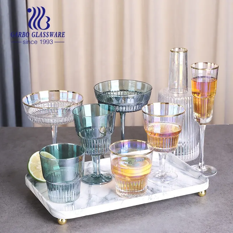 Colorful Ion Plating Glasses Ribbed Whisky Glass Wine Cup Long Stem Wine Glasses Goblet Champagne Glass Home Bar Restaurants