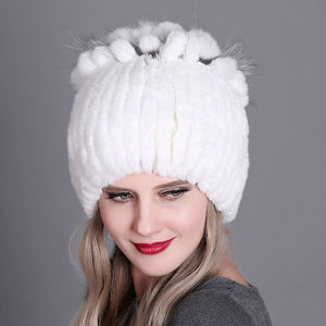 Gorro de invierno de piel de conejo para mujer, a la moda, grueso, cálido, elegante, de punto, para exteriores, a prueba de viento y frío, ajustable, común - Product Image 4