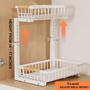 2-Tier phòng tắm & Tủ bếp kim loại dưới bồn rửa kéo ra ngăn kéo với điều chỉnh chiều cao lưu trữ tổ chức kệ với móc - Product Image 2