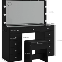 Table de toilette en pin noir avec miroir LED éclairé et tabouret – Poste de maquillage intelligent et moderne pour la maison et l'hôtel