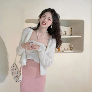 2025 Spring Women Long Sleeve Sweater <strong>Cardigan</strong> and Soft Sexy Short Singlet Sweater Top <strong>Twin</strong> <strong>Set</strong> - Product Image 4